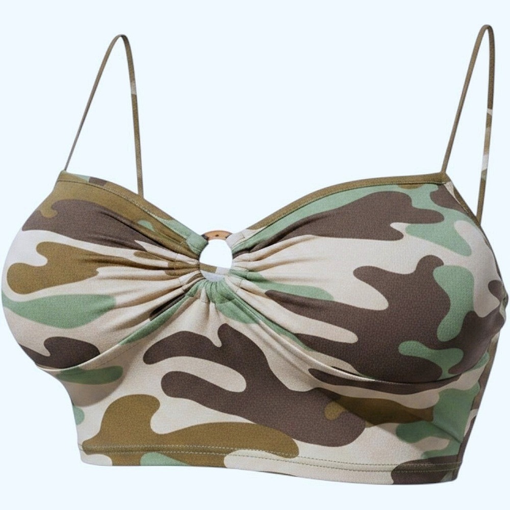 NWT Fashion Nova XL Green Camo Print Tank‎ Crop Top Keyhole Bralette Ruched